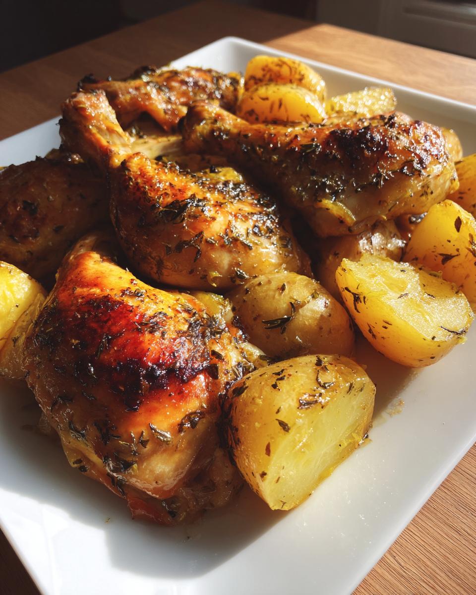 Close-up of juicy greek chicken pieces roasted with herbs alongside golden roasted potatoes on a white platter.