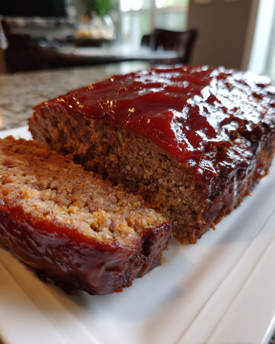 A close-up of a freshly baked meatloaf, topped with a thick, shiny ketchup glaze, with one slice cut and resting beside it.