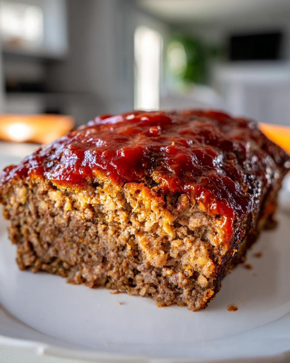 Close-up of a thick slice of juicy meatloaf topped with a rich, glossy red glaze.