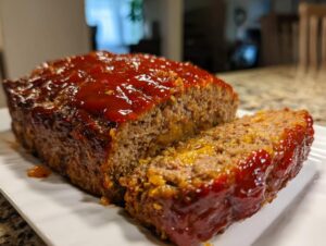 A juicy meatloaf, partially sliced, covered in a thick, glossy red glaze.