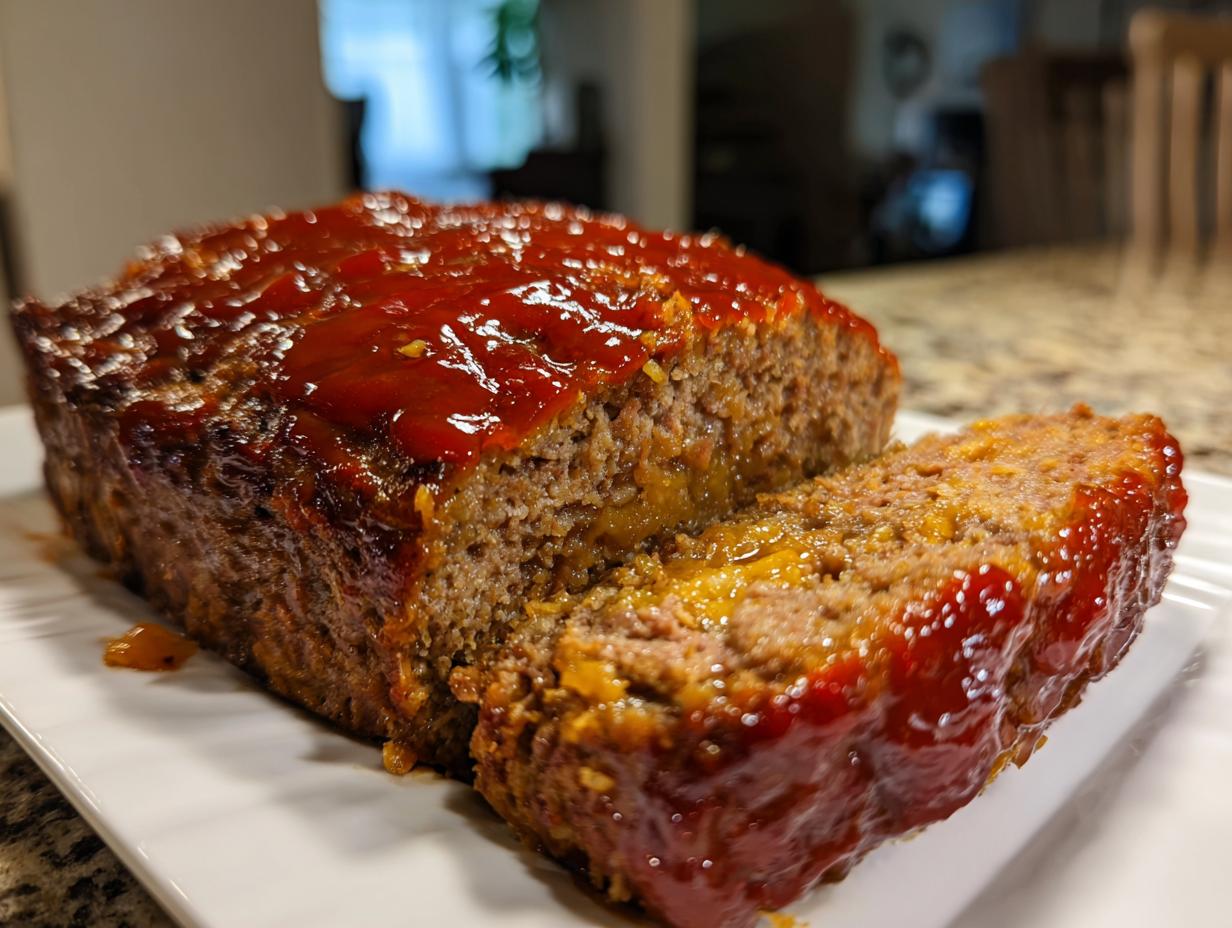 A juicy meatloaf, partially sliced, covered in a thick, glossy red glaze.