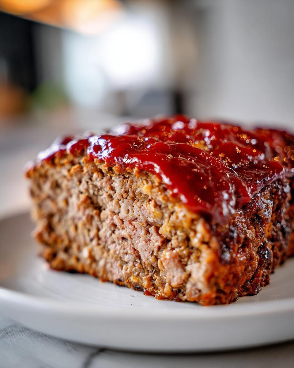 Close-up of a thick slice of juicy meatloaf topped with a shiny, red glaze.