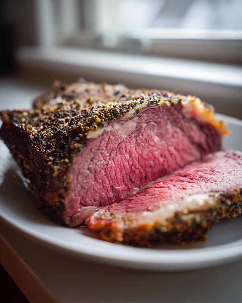 Close-up of a juicy, medium-rare prime rib roast slice with a thick, herbed crust.