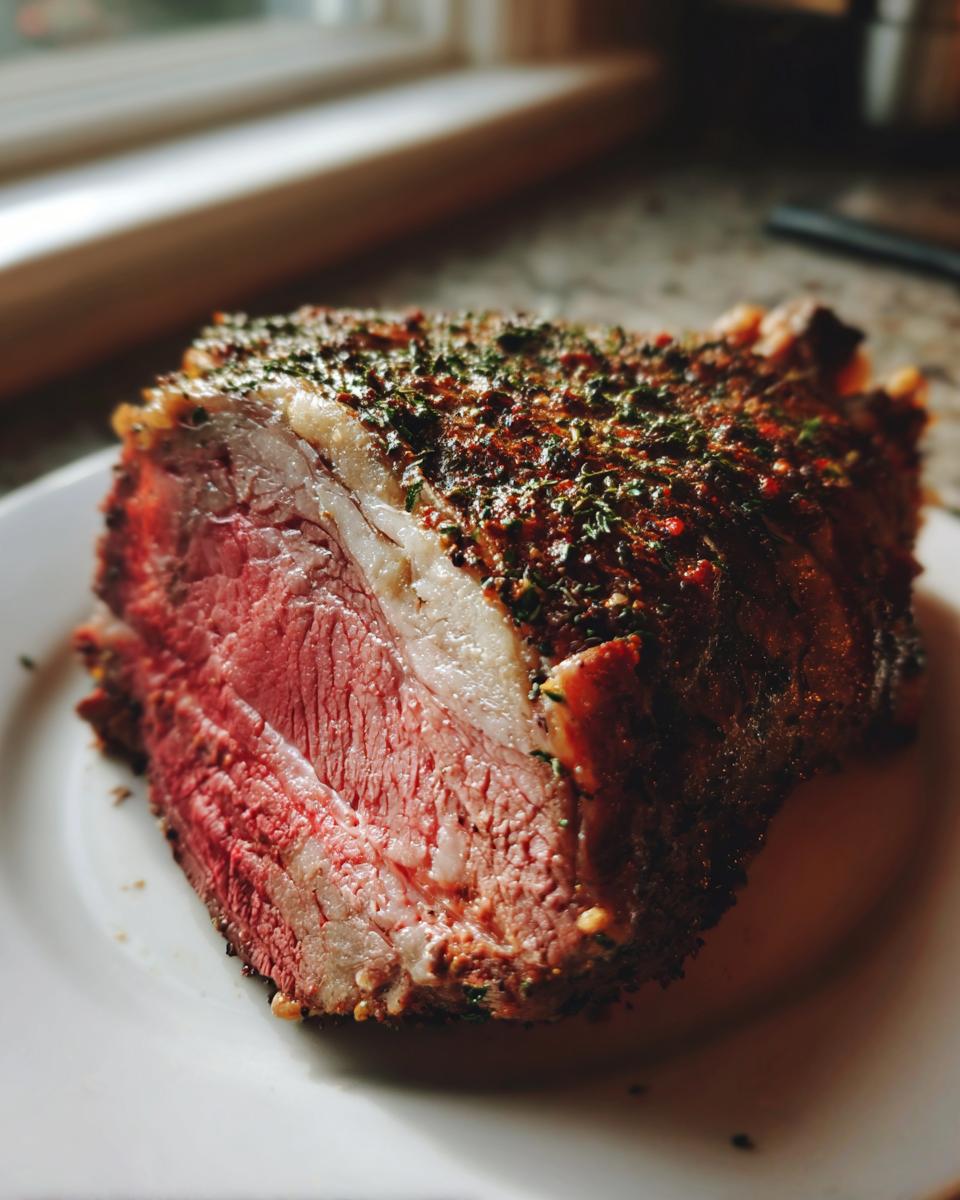A thick slice of juicy, medium-rare prime rib roast with a dark, herbed crust resting on a white plate.