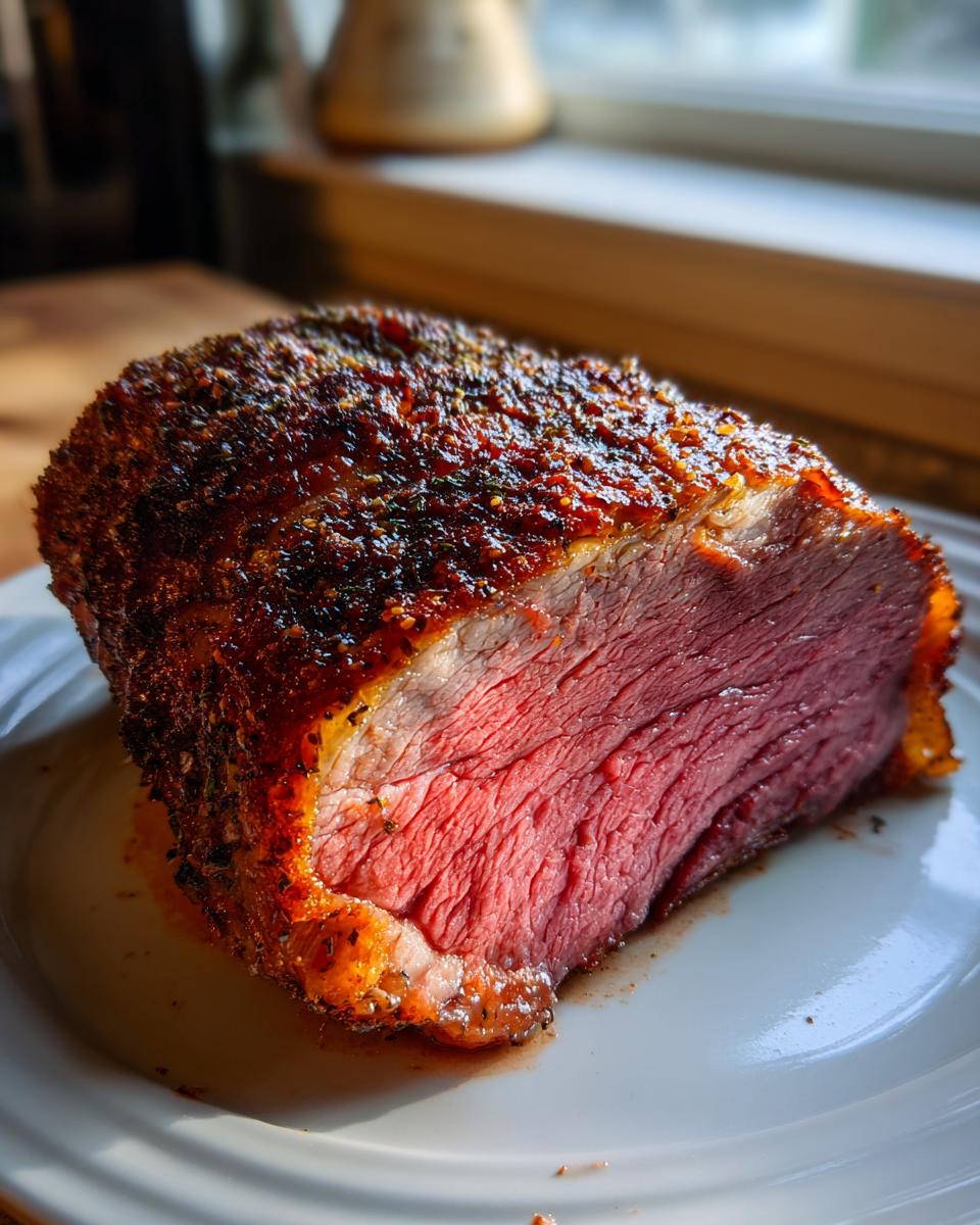 Close-up of a thick slice of juicy, medium-rare prime rib with a dark, seasoned crust.