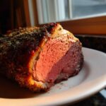 Close-up of a juicy, medium-rare prime rib roast with a dark herb crust, sliced and resting on a white plate.