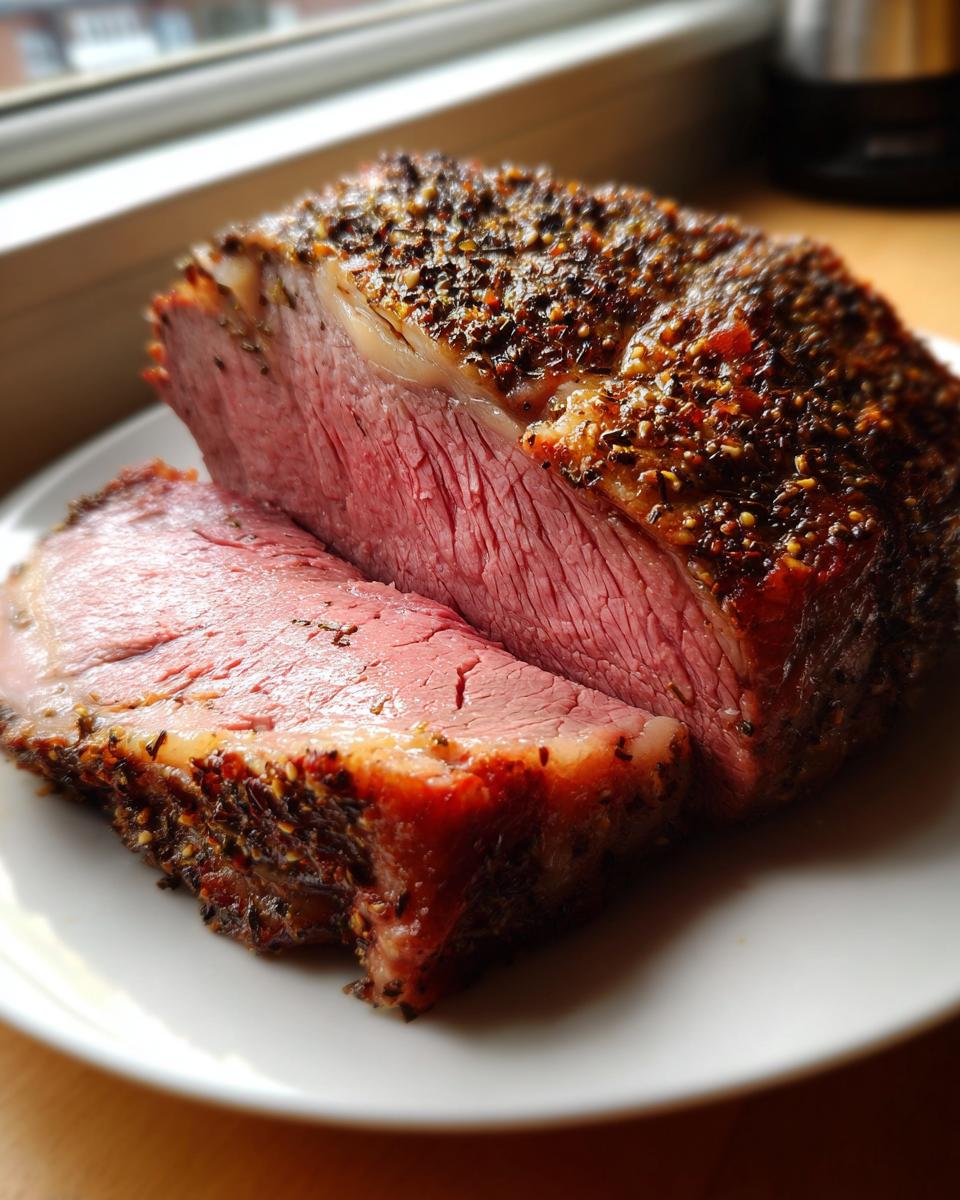 Close-up of a juicy, medium-rare prime rib roast slice showing a thick, dark pepper crust.