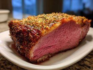 Cross-section of a juicy prime rib roast showing a perfect medium-rare center and herb crust.