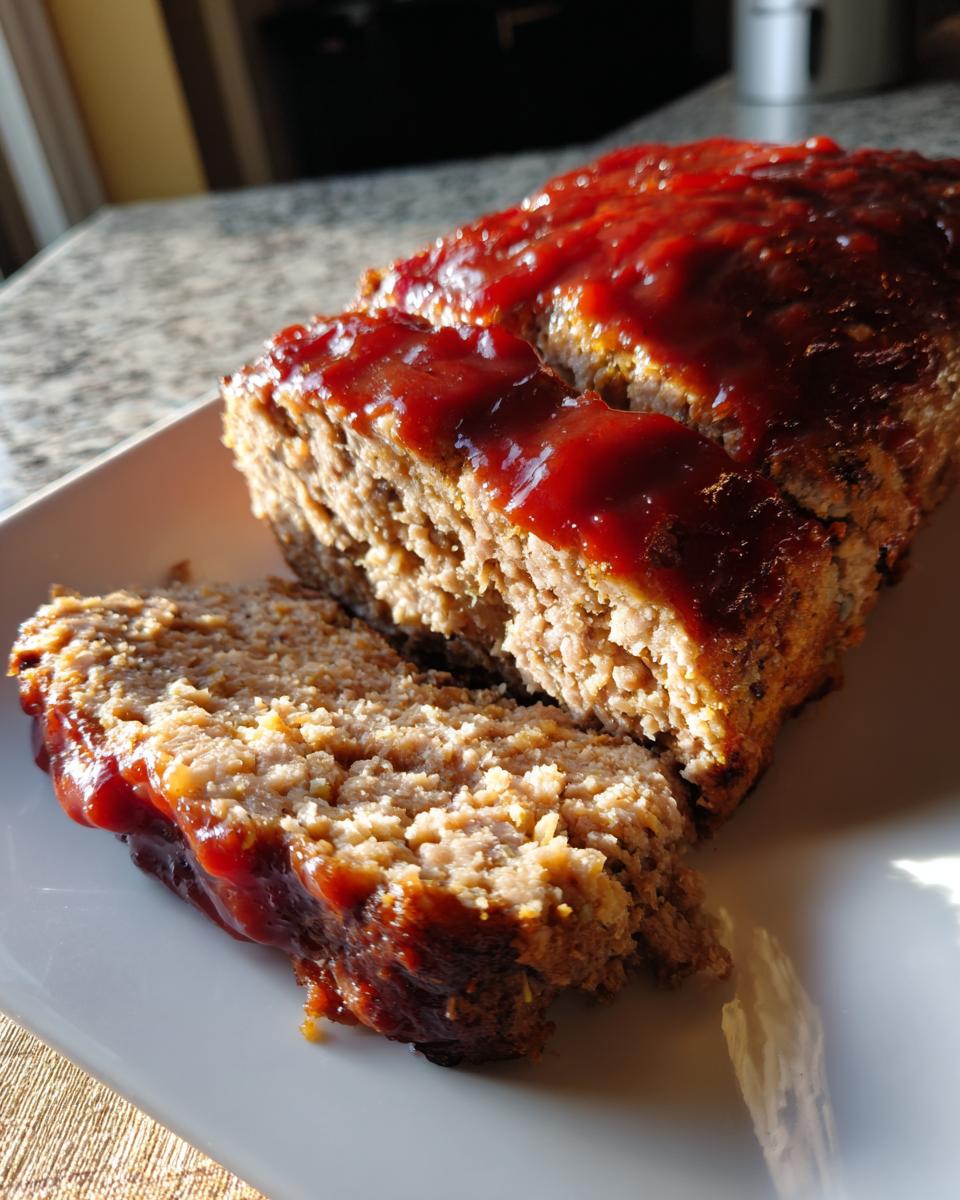 Close-up of a freshly baked, sliced meatloaf topped with a thick, shiny ketchup glaze.