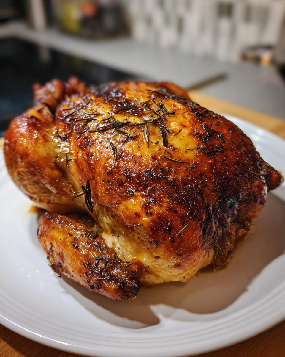 A perfectly roasted whole chicken with deeply browned, crispy skin seasoned with rosemary, resting on a white plate.