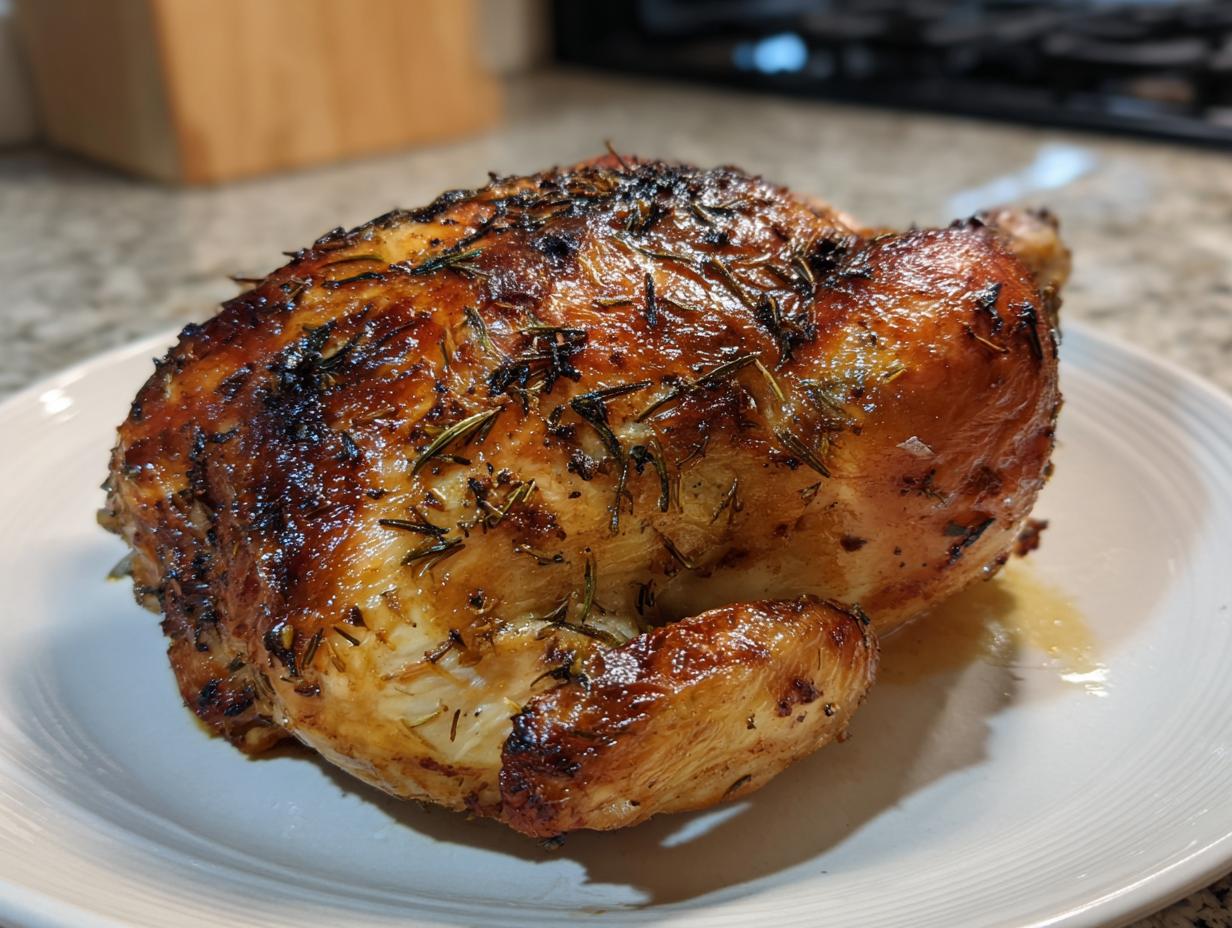 A juicy, perfectly roasted whole chicken seasoned with herbs resting on a white plate.