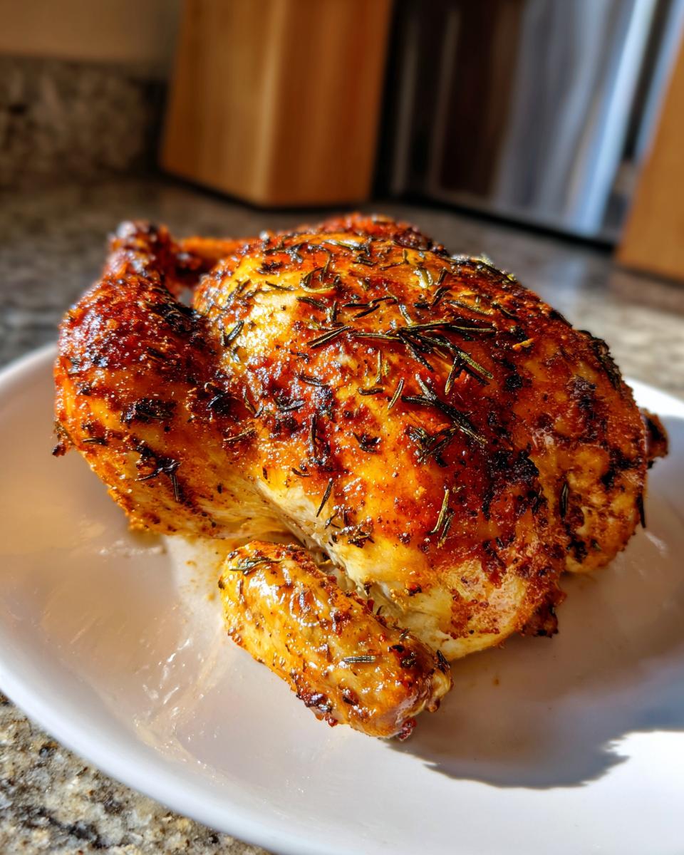 A perfectly roasted whole chicken with golden-brown, crispy skin seasoned with dark herbs, resting on a white plate.