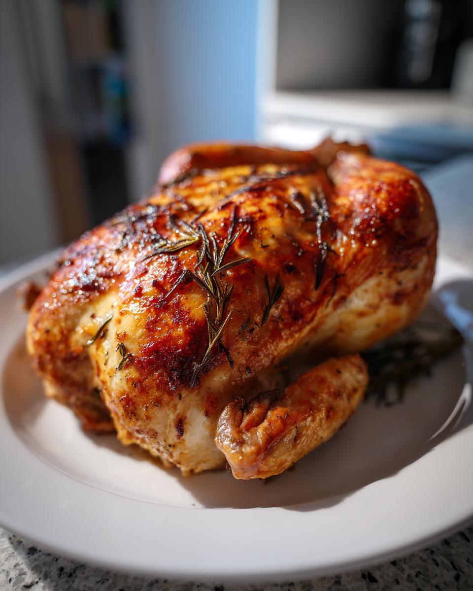 A beautifully roasted whole chicken with crispy, golden-brown skin and fresh rosemary sprigs on a white plate.