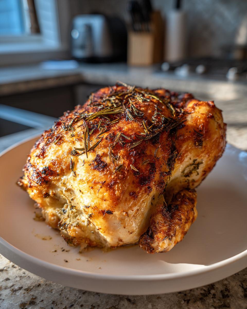 A beautifully roasted whole chicken with crispy, golden-brown skin topped with dried rosemary, resting on a white plate.