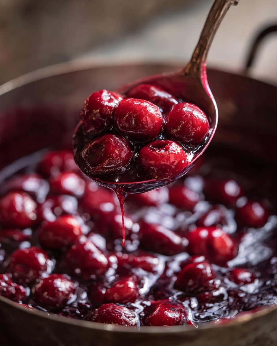 A close-up shot of a metal ladle lifting glossy, deep red cherry pie filling out of a simmering pot.