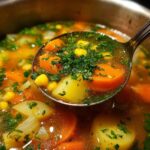 A ladle lifting a portion of rich vegetable soup filled with carrots, potatoes, corn, and topped with fresh parsley.