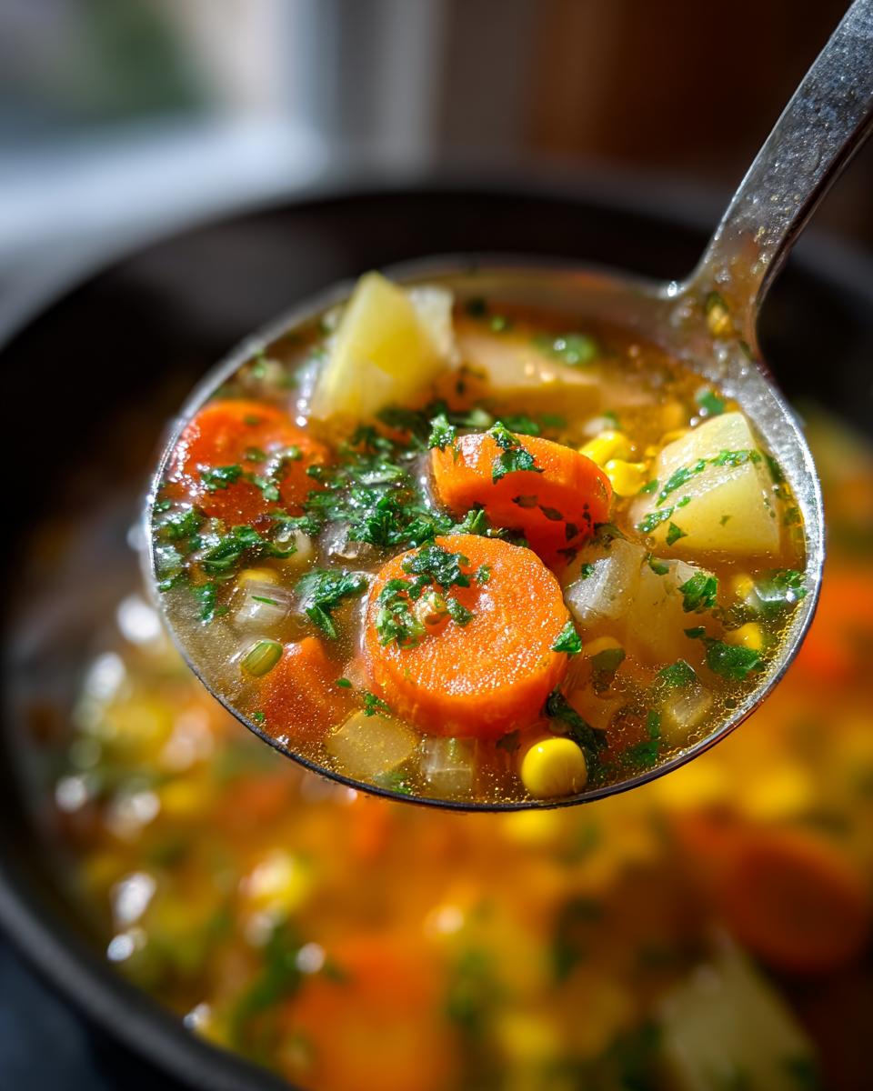 A metal ladle lifting a scoop of rich vegetable soup filled with bright orange carrots, potatoes, and fresh parsley.
