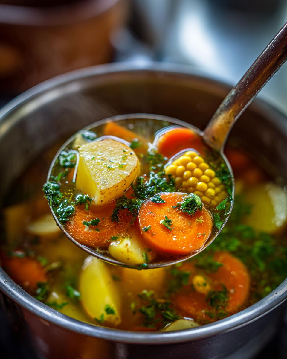 A metal ladle lifting a serving of steaming vegetable soup filled with chunks of potato, carrot slices, and corn kernels.