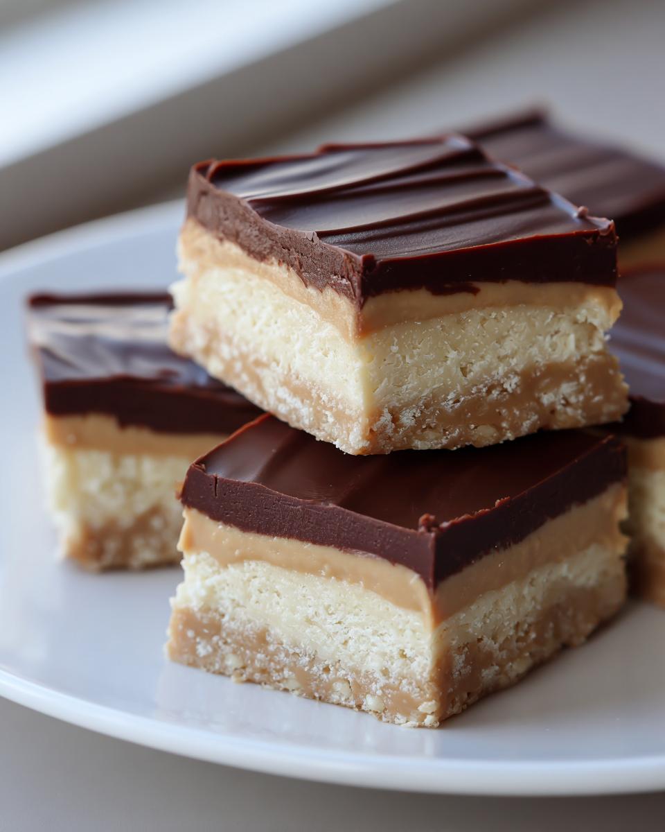 Close-up of three layered peanut butter bars stacked on a white plate, featuring a crust, creamy filling, peanut butter layer, and chocolate ganache.