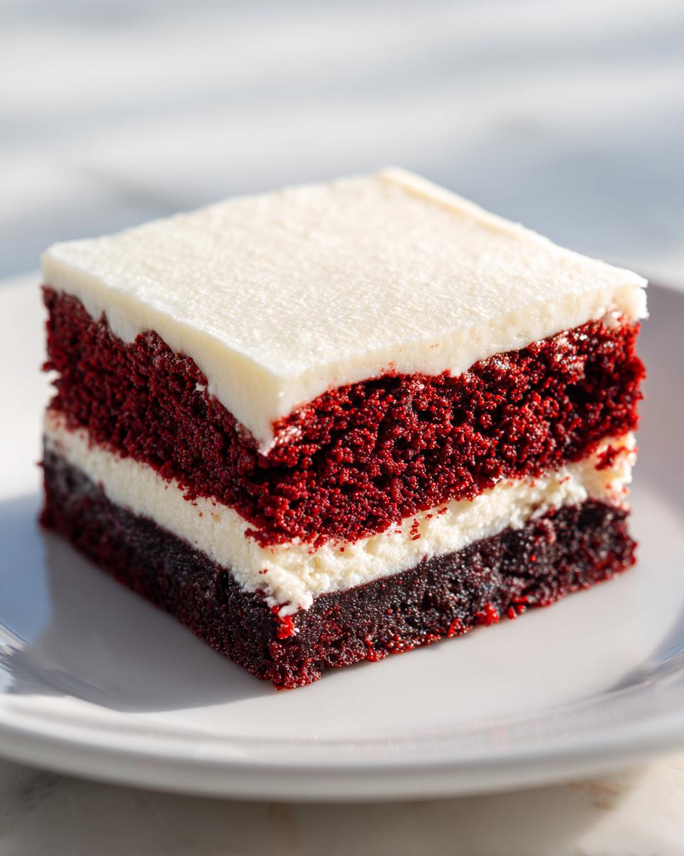 A close-up of a layered red velvet brownies square topped with thick white cream cheese frosting.