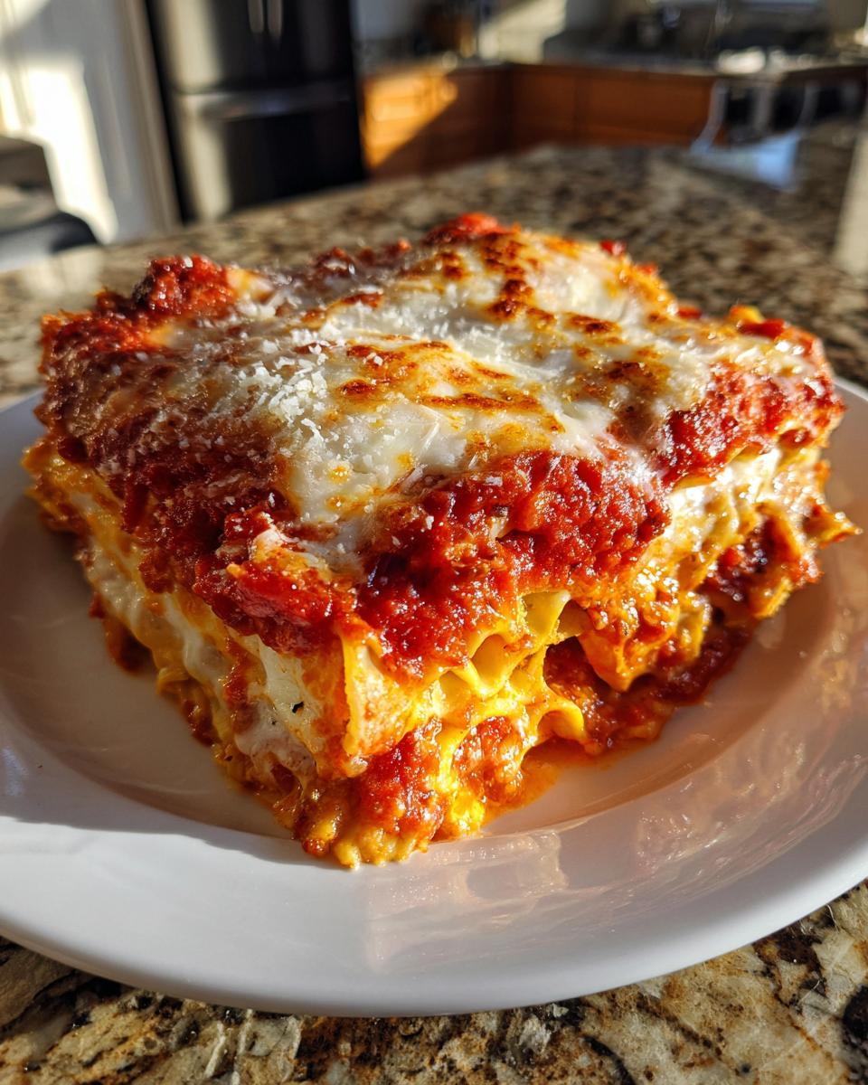 A close-up of a hearty slice of lazy lasagna, featuring layers of pasta, rich tomato sauce, and melted, browned cheese topping.