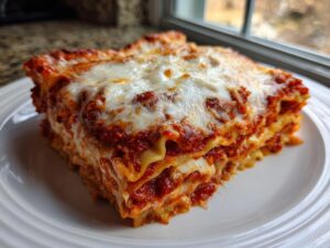 A thick, layered slice of lazy lasagna topped with bubbly, melted mozzarella cheese, served on a white plate.