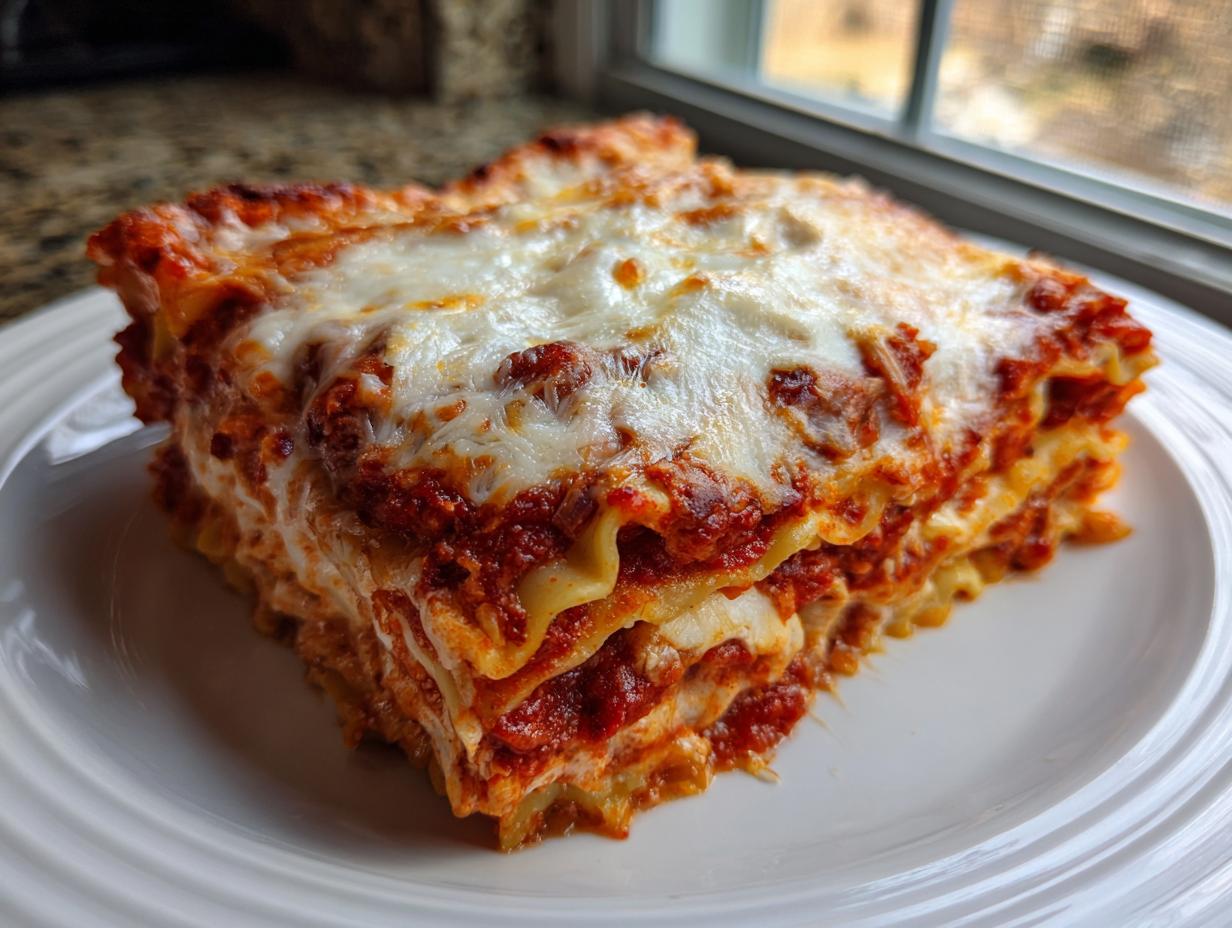 A thick, layered slice of lazy lasagna topped with bubbly, melted mozzarella cheese, served on a white plate.