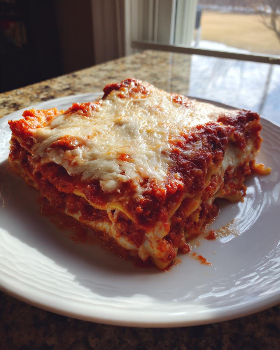 A generous slice of lazy lasagna covered in rich tomato sauce and melted mozzarella cheese, served on a white plate.