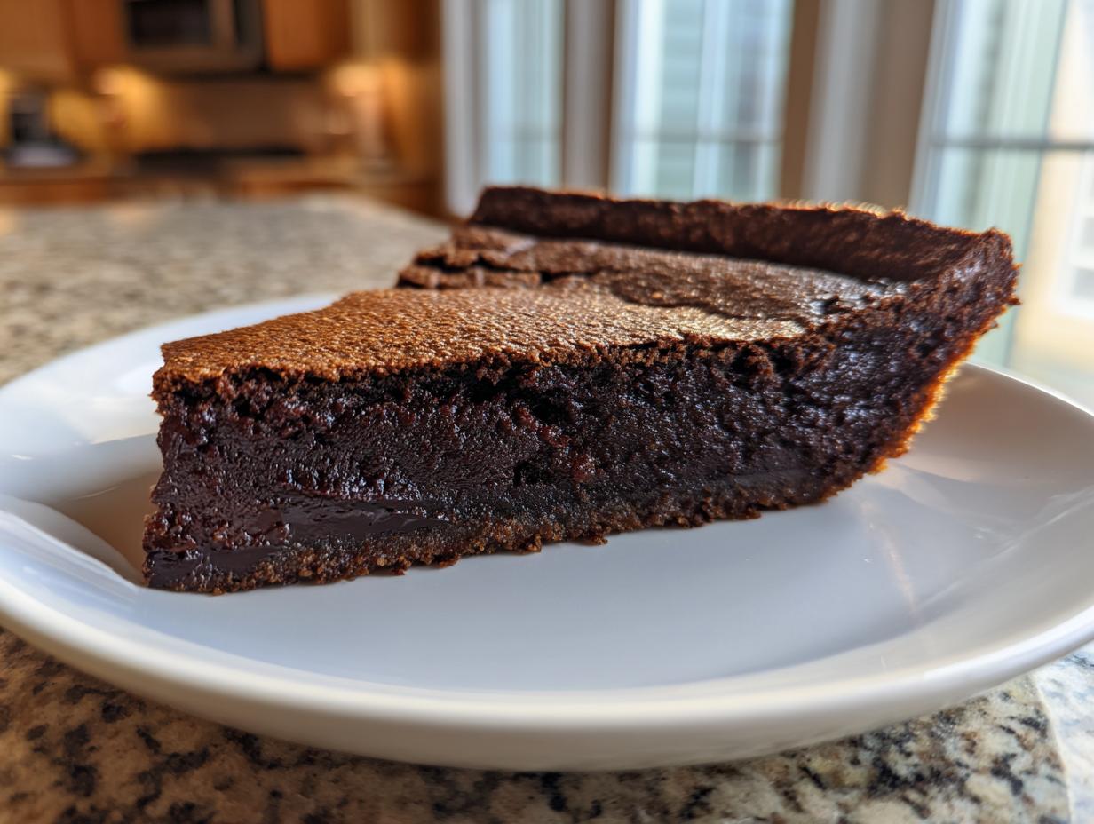 A close-up of a decadent slice of rich, dark chocolate fudge pie on a white plate.