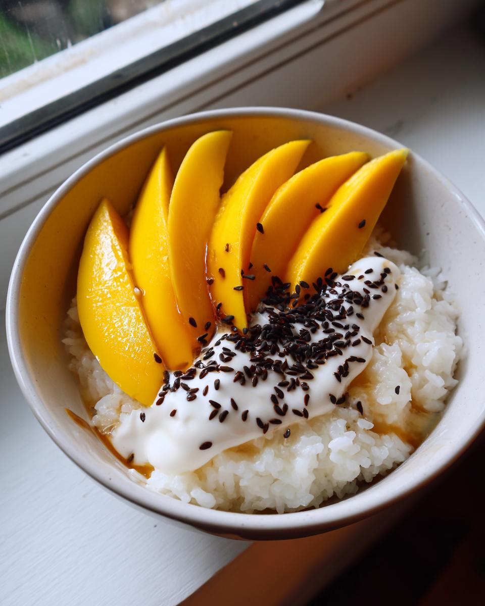 A bowl of delicious mango sticky rice topped with sliced fresh mango, coconut cream, and black sesame seeds.