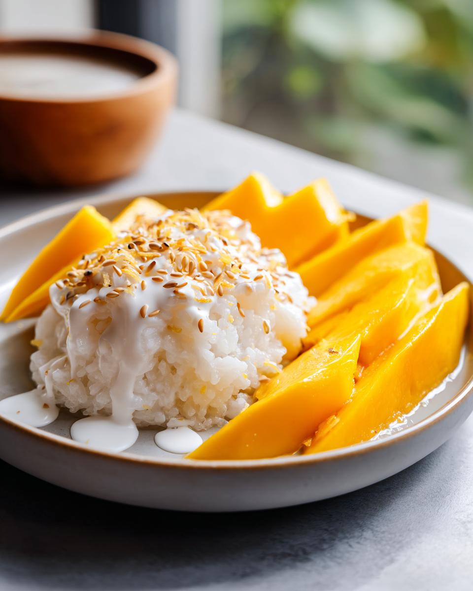 Close-up of delicious mango sticky rice topped with coconut cream and toasted sesame seeds.