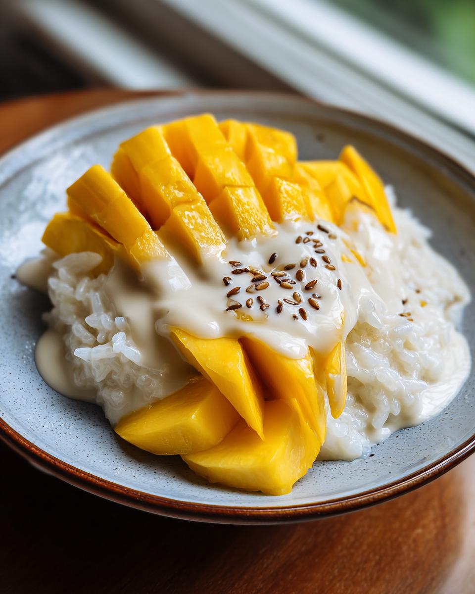 A close-up of vibrant mango sticky rice topped with sweet coconut cream and toasted seeds.
