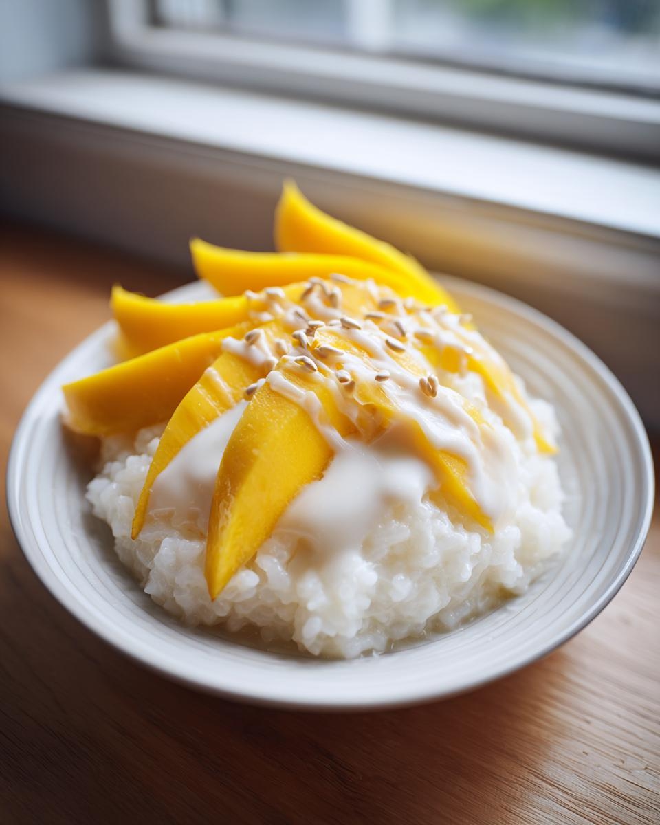 A serving of delicious mango sticky rice topped with fresh mango slices and sesame seeds.
