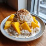 A serving of delicious mango sticky rice, featuring sweet sticky rice, bright yellow mango slices, and coconut cream sauce.