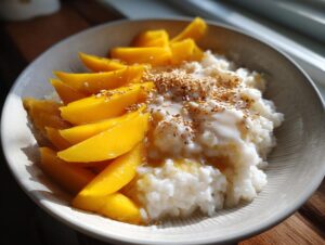 A bowl of vibrant mango sticky rice topped with coconut cream and toasted sesame seeds.