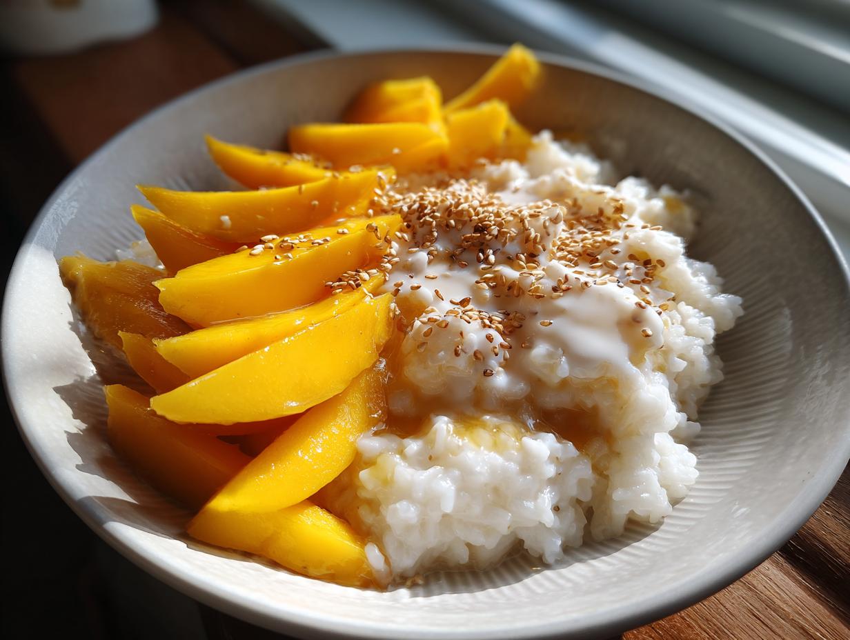 A bowl of vibrant mango sticky rice topped with coconut cream and toasted sesame seeds.