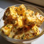 Close-up of cubed marinated cheese soaking in flavorful oil, herbs, and chili flakes in a glass bowl.