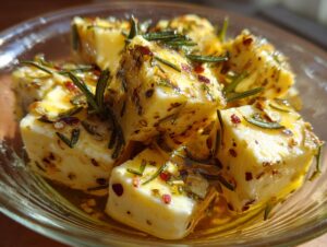 Close-up of cubed white cheese soaking in olive oil, heavily seasoned for marinated cheese with rosemary sprigs and chili flakes.