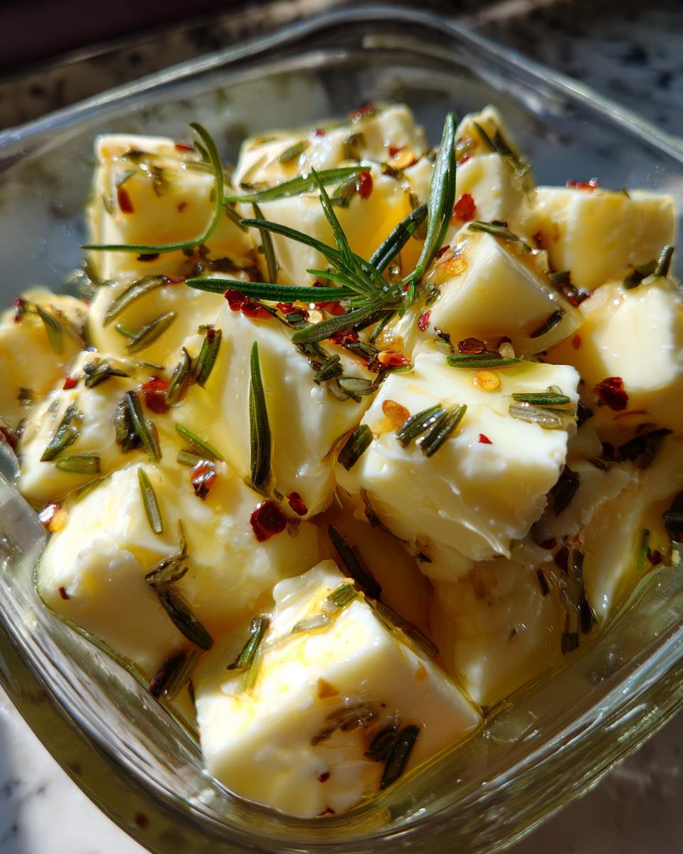 Close-up of cubed marinated cheese soaking in olive oil with rosemary and red pepper flakes.