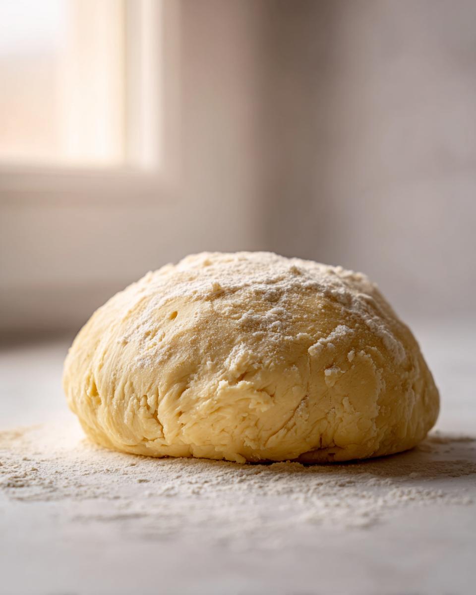A smooth, pale yellow ball of dough, lightly dusted with flour, ready for the marzipan recipe.