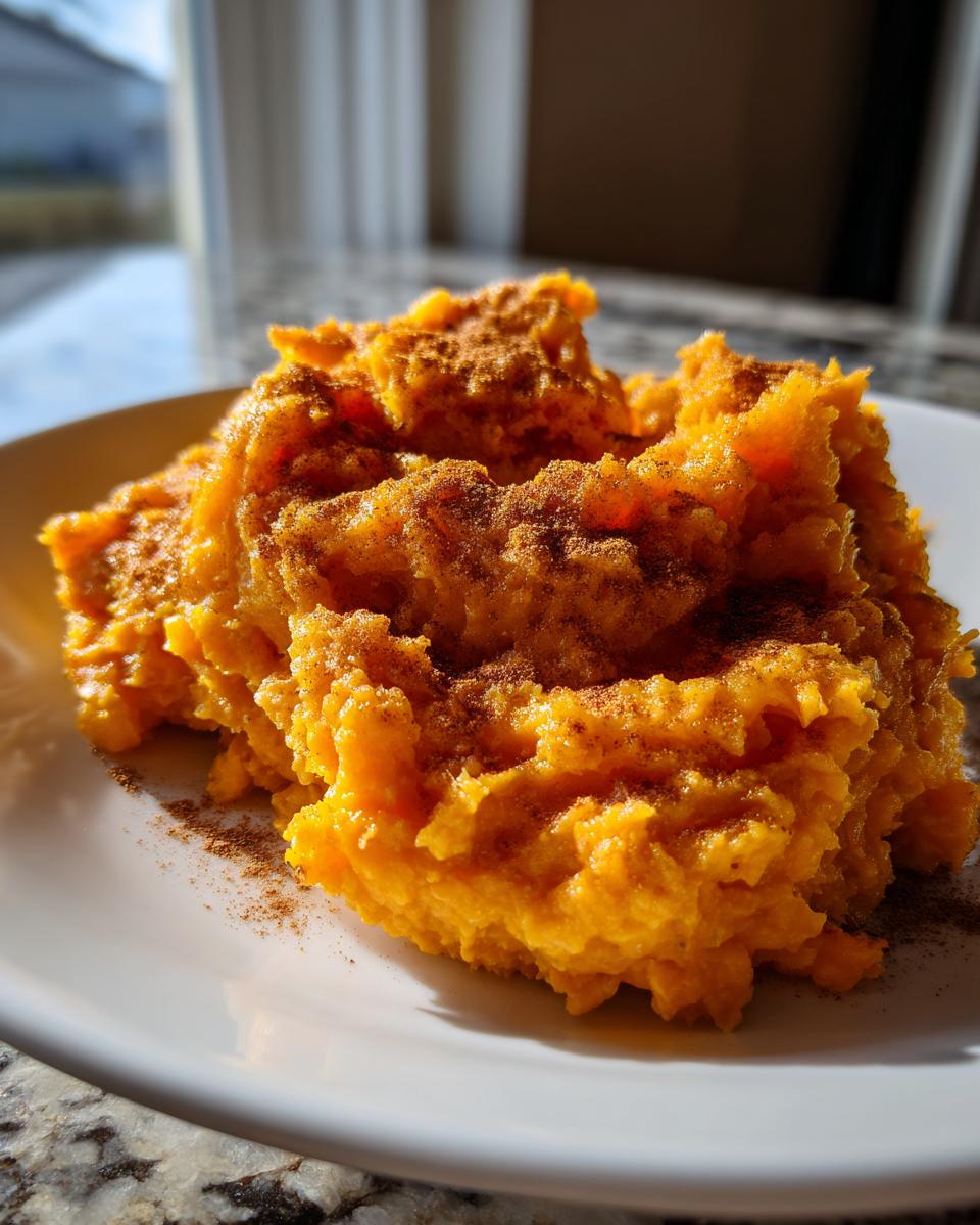 A close-up of fluffy, bright orange mashed sweet potatoes topped generously with cinnamon.