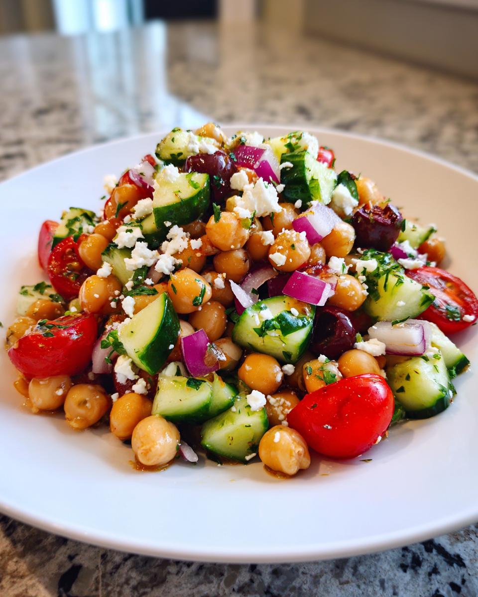 A vibrant close-up of mediterranean chickpea salad featuring chickpeas, cucumber, tomato, red onion, olives, and feta cheese.