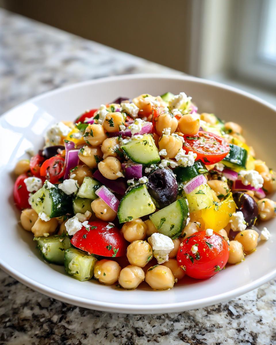 Close-up of a fresh mediterranean chickpea salad featuring chickpeas, cucumber, tomato, red onion, olives, and feta cheese.