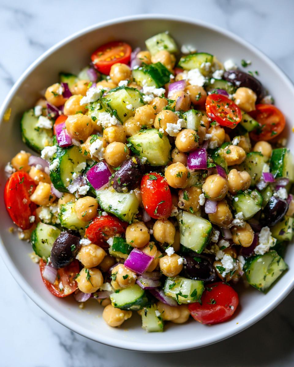 A vibrant bowl of mediterranean chickpea salad featuring chickpeas, cucumber, tomatoes, feta, and olives.