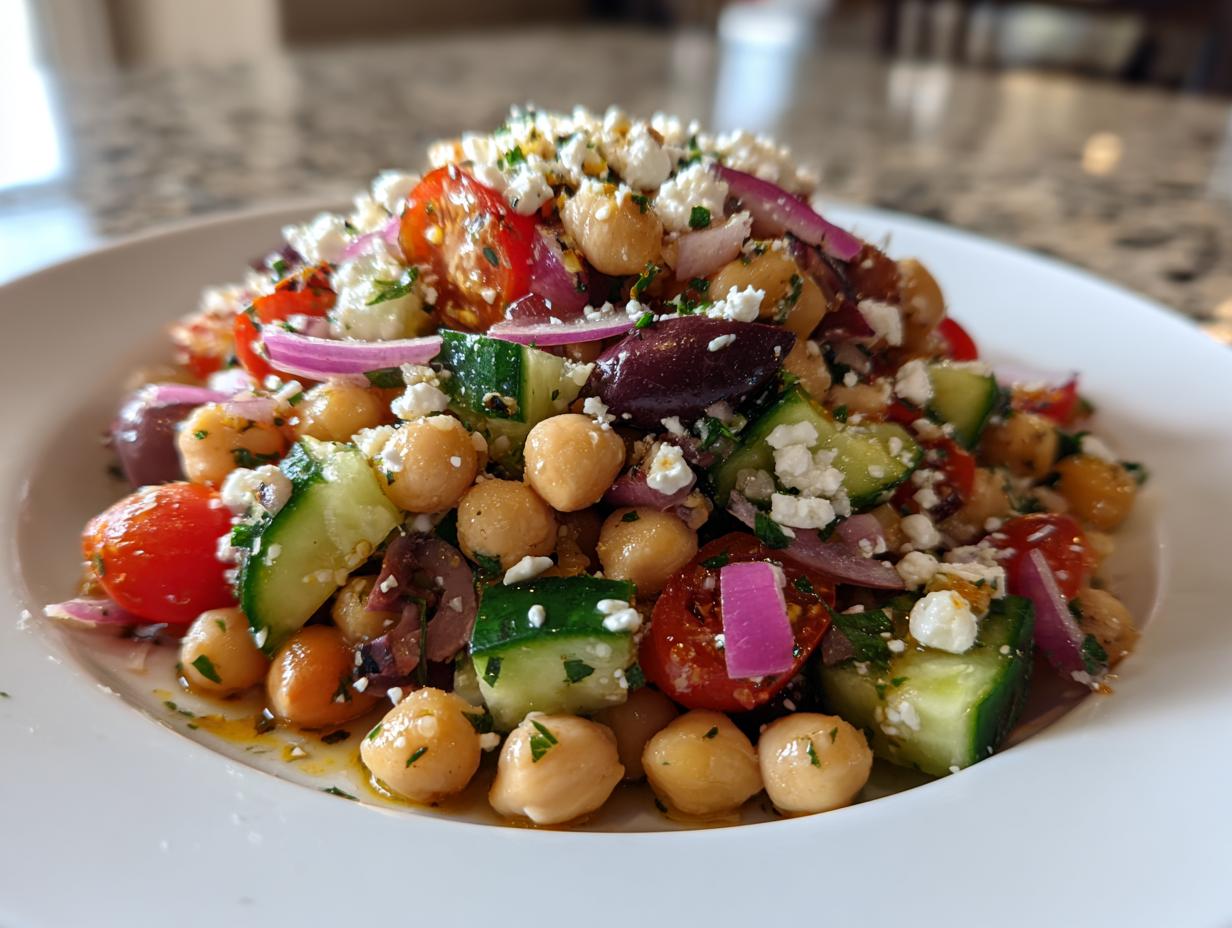 A vibrant close-up of mediterranean chickpea salad featuring chickpeas, cucumbers, tomatoes, red onion, olives, and feta cheese.