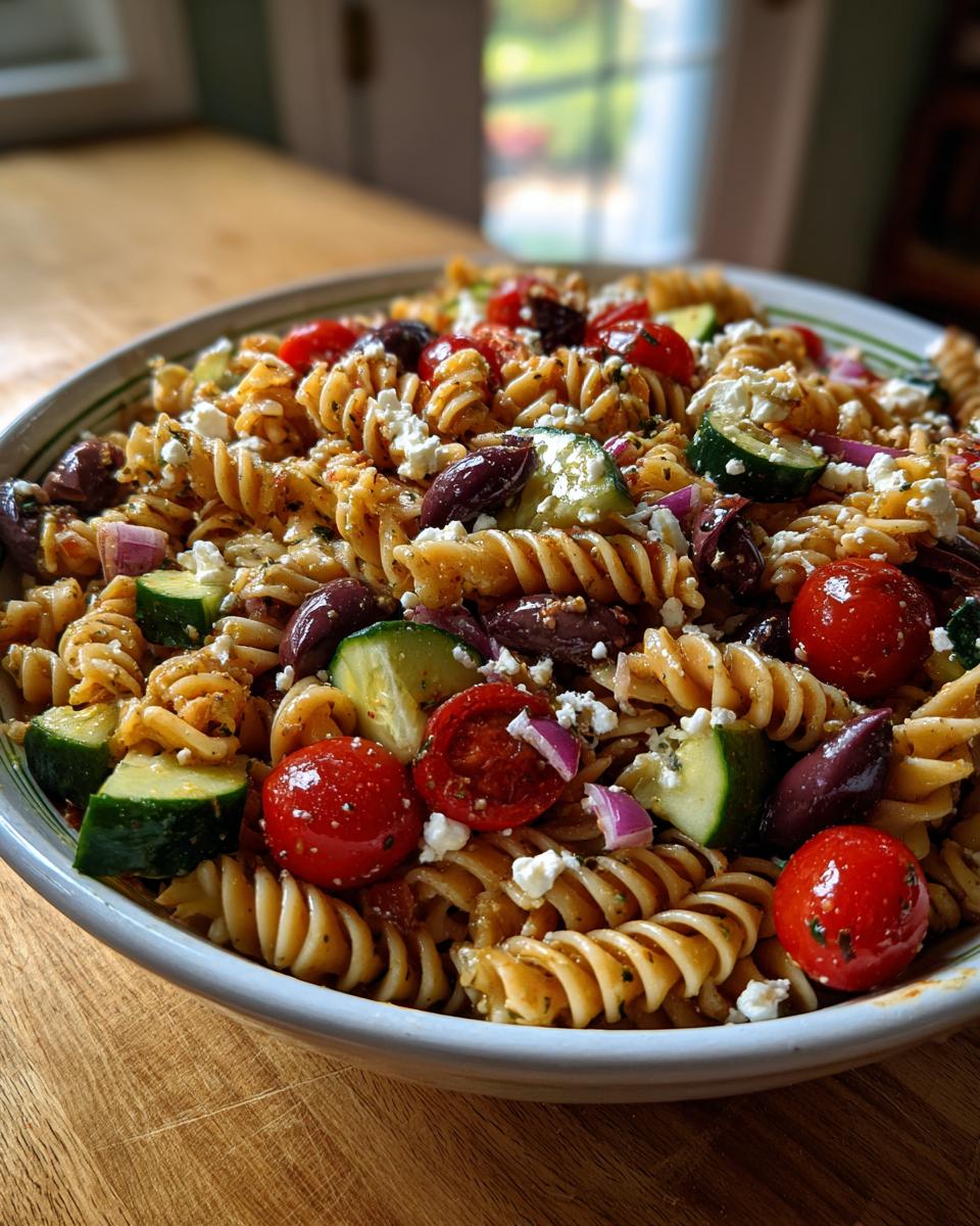A vibrant bowl of mediterranean pasta salad featuring rotini pasta, cherry tomatoes, cucumbers, olives, and feta cheese.