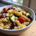 Close-up of a vibrant mediterranean pasta salad featuring rotini pasta, cherry tomatoes, zucchini, olives, and feta cheese.