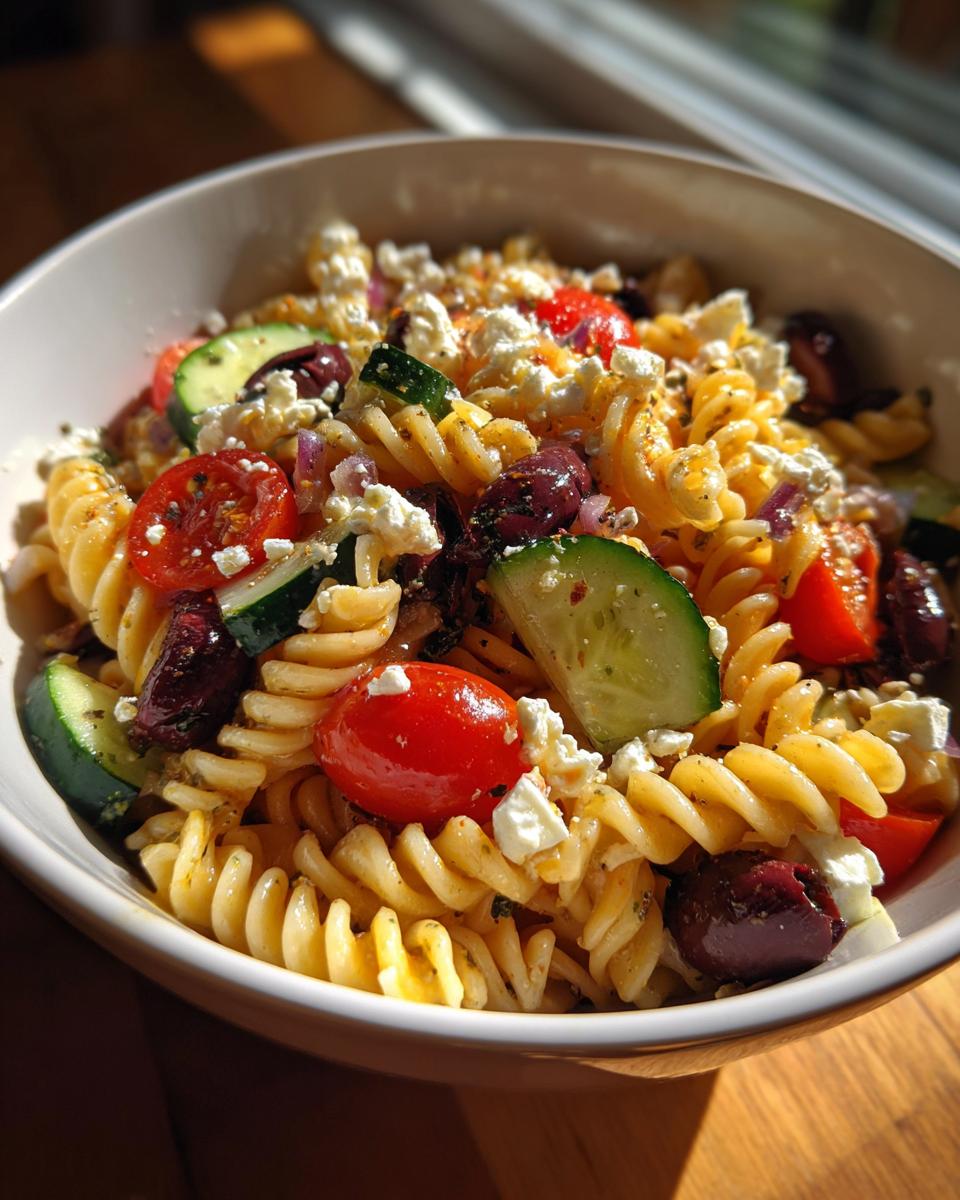 A close-up of a bowl filled with vibrant mediterranean pasta salad featuring rotini, cherry tomatoes, cucumber, olives, and feta.