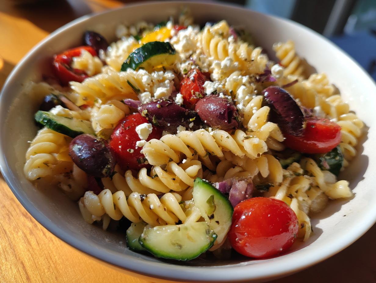 Close-up of a bowl of mediterranean pasta salad featuring fusilli, cherry tomatoes, olives, zucchini, and feta cheese.
