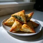 A stack of golden, flaky Mediterranean Spinach and Feta Cheese Crisps on a white plate, one showing the savory filling.